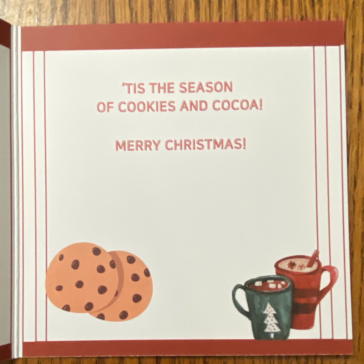Christmas Greeting card with Santa, cookies and hot chocolate envelope included
