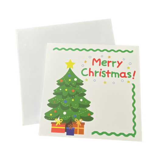 Christmas greeting card with Christmas tree and Santa with his sleigh, envelope included