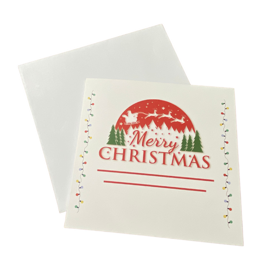 Blank Christmas Greeting Card with Santa, reindeer and lights